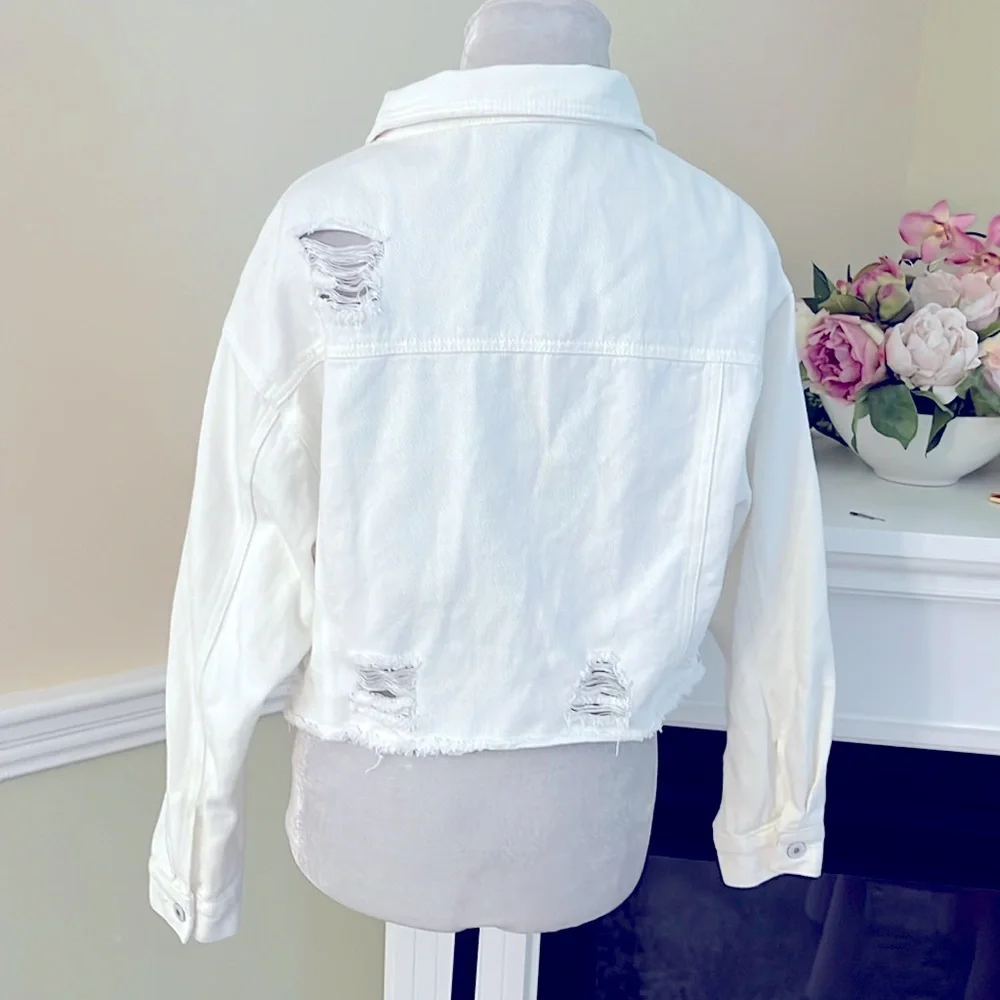SHEIN White Jean Distressed Denim Crop Jacket S NWOT